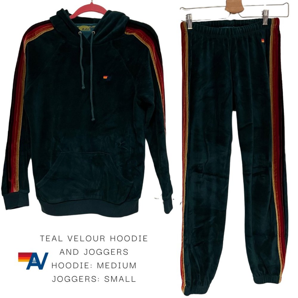 AVIATOR NATION velvet teal velour sweat suit Top (m) Pants (s)